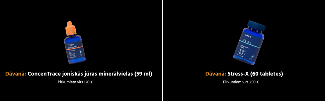 Dvi Trace Minerals produktų dovanos juodame fone: viršuje pavaizduotas ConcenTrace joninių mineralų lašų buteliukas su oranžiniu dangteliu, apačioje – „Stress-X“ papildų pakuotė. Tekstas latvių kalba, formatas desktop versijai.