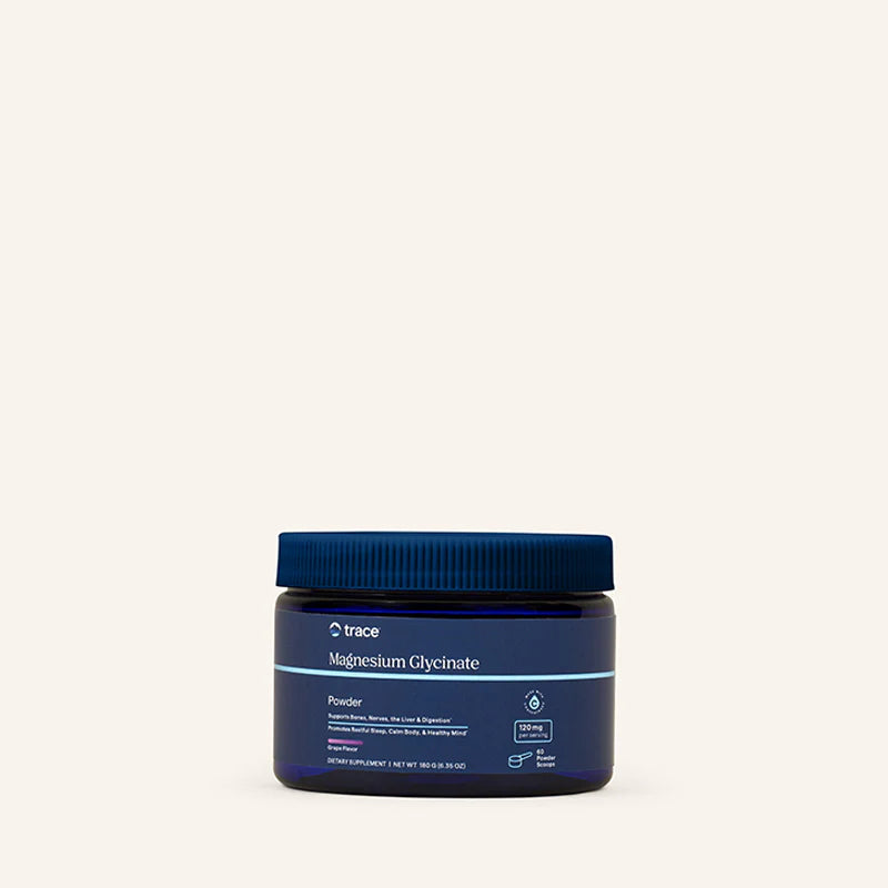 Trace minerals magnio glicinato miltelių pakuotė šviesiame fone. Vynuogių skonio